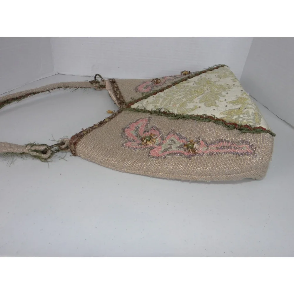 Mary Frances Beaded Sequin Shoulder Bag Beige Gold Floral Tassel Boho 3649